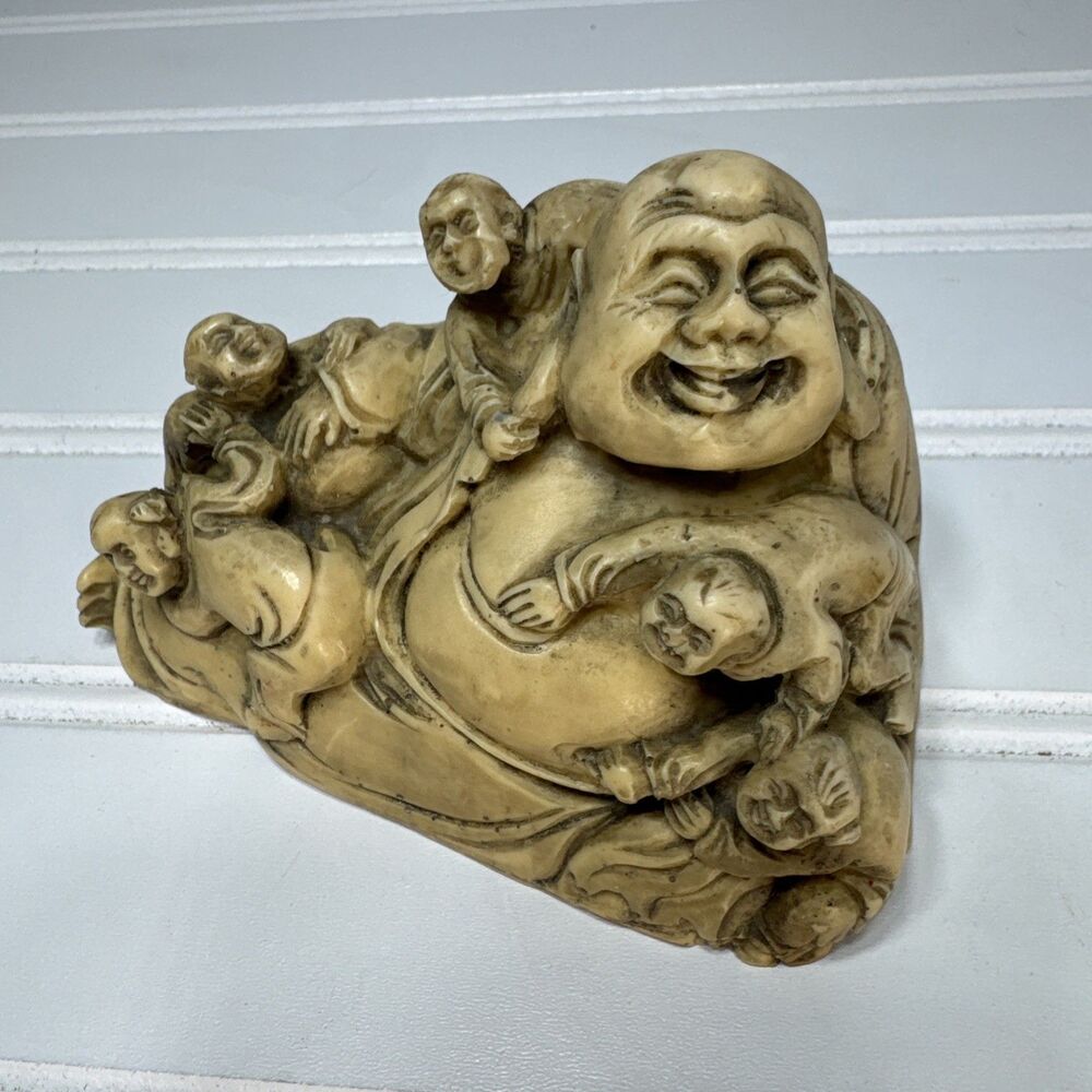 Vintage Laughing Buddha Figurine with 5 Children Resin Statue Patina Prosperity
